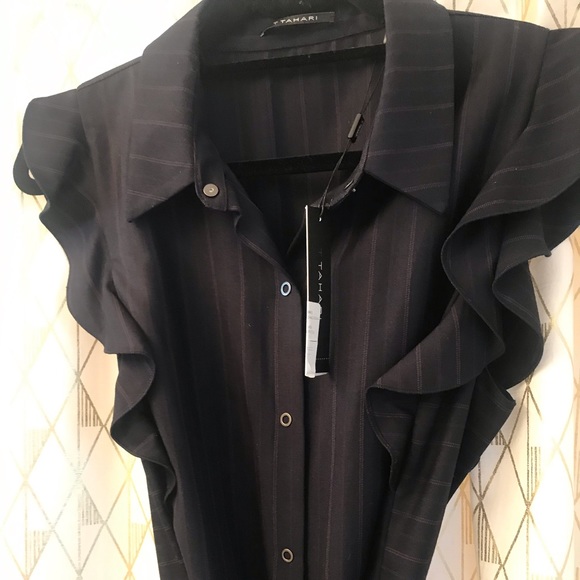 New T Tahari Dress Ruffles Navy Pinstripe Size 10 Short Navy Office Casual Tie - Picture 5 of 16